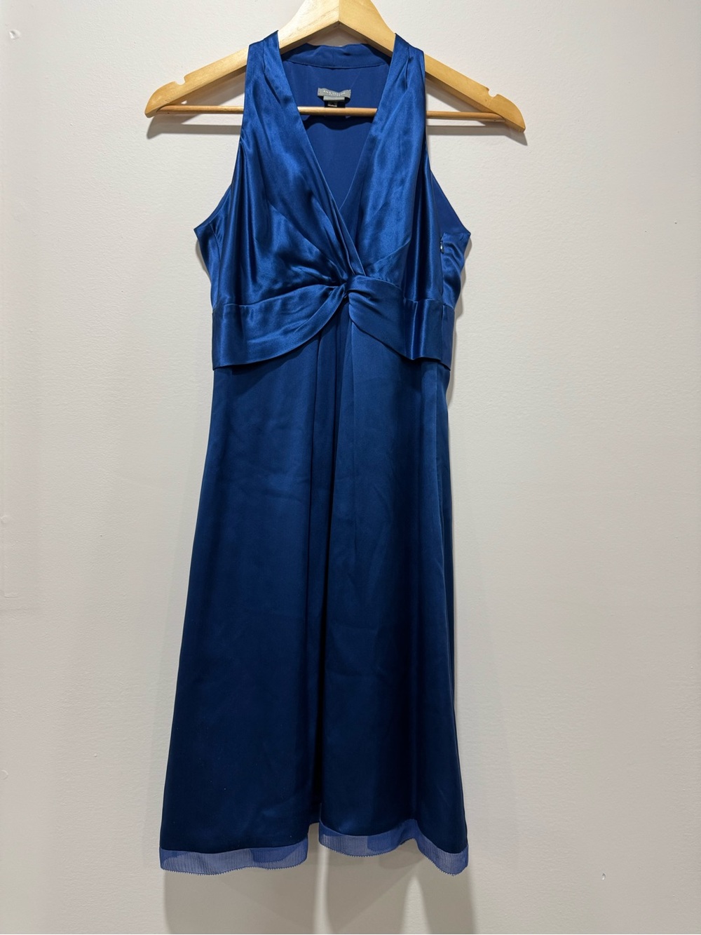 Ann Taylor Royal Blue Silk Satin Halter Dress V Neck Twist Front Midi Size 0P